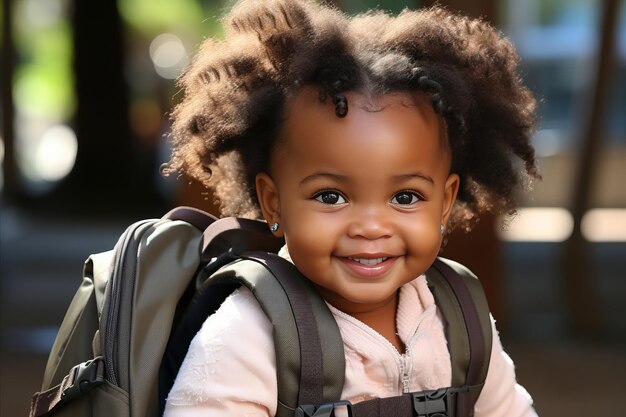 Excitado pequeño niño de piel negra con mochila