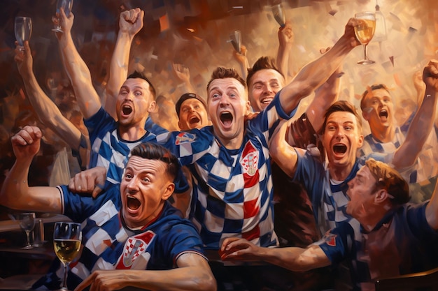 Foto excitados aficionados al fútbol de croacia animando a su equipo durante un partido en el estadio