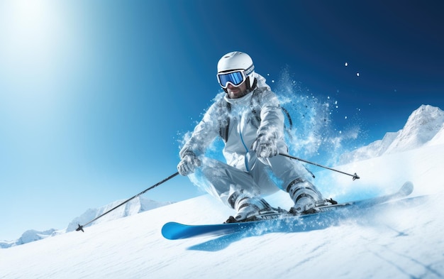 Excitante Aventura de Inverno Jovem Adulto Snowboarding Downhill na Cordilheira Azul