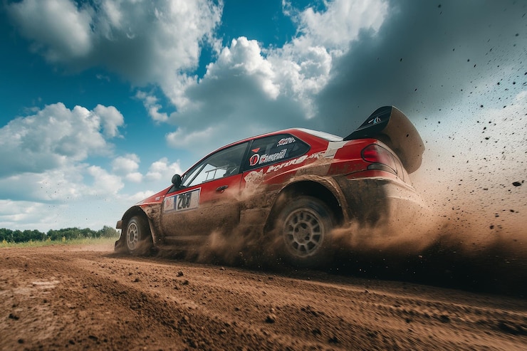 Foto excitante corrida de carros de rali em uma pista de terra com ação de alta velocidade e manobras habilidosas