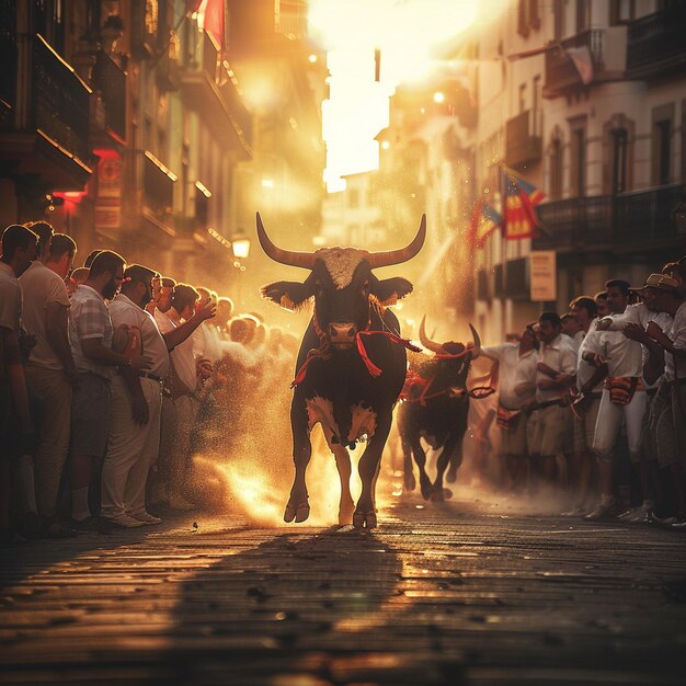 Foto excitante corrida de touros em pamplona os espectadores assistem à corrida de turos nas ruas