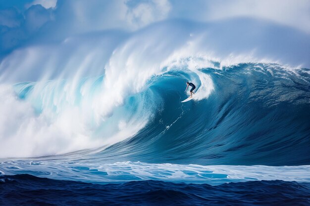 Excitante esporte extremo surfista montando uma gigantesca onda azul do oceano