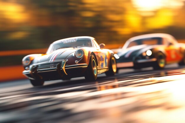 Excitante momento capturado cuando dos coches de carreras se involucran en una emocionante maniobra de adelantamiento generada por la IA