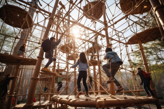 Foto excitantes aventuras esperan a los niños que escalan nuevas alturas en la estructura del patio de recreo de cuerdas ar 32