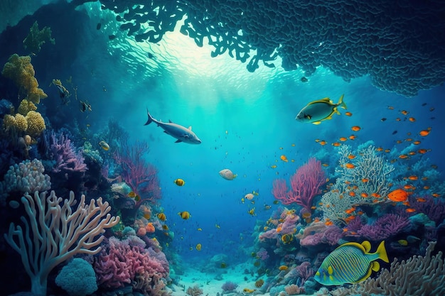 Excursão de mergulho com snorkel, recife de coral subaquático, lagoa de coral e cenário subaquático