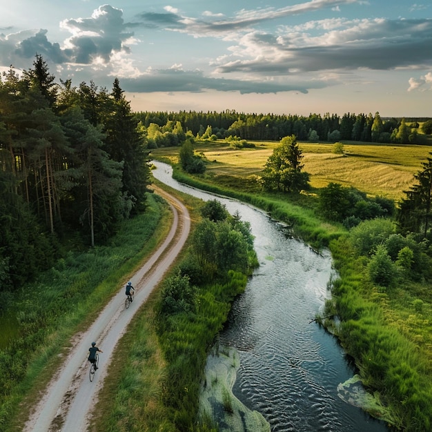 Excursão em bicicleta ativa pela paisagem panorâmica do verão da Estônia