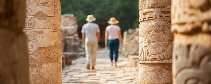 Excursión cultural a tierra desde un crucero viajeros explorando antiguas ruinas guiados por lugareños