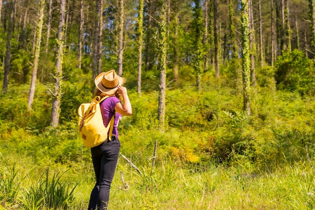 Un excursionista aventurero muy feliz junto a unos pinos