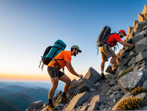 Un excursionista ayuda a un amigo a llegar a la cima de la montaña