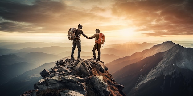 Un excursionista ayuda a un amigo a llegar a la cima de la montaña