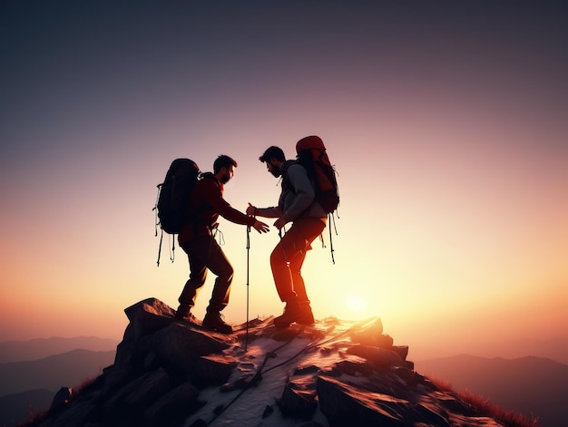 Un excursionista ayudando a un amigo a llegar a la cima de la montaña Terrible situación al atardecer