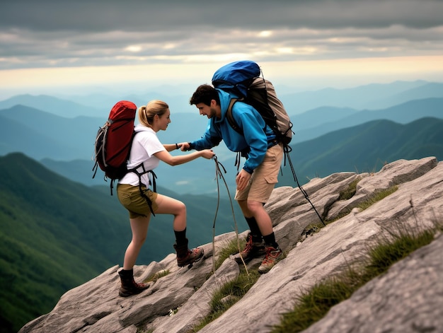 Un excursionista ayudando a un amigo a llegar a la cima de la montaña Terrible situación al atardecer