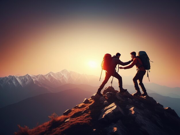 Un excursionista ayudando a un amigo a llegar a la cima de la montaña Terrible situación al atardecer