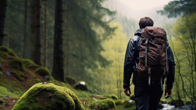 Un excursionista en un bosque brumoso con una mochila grande