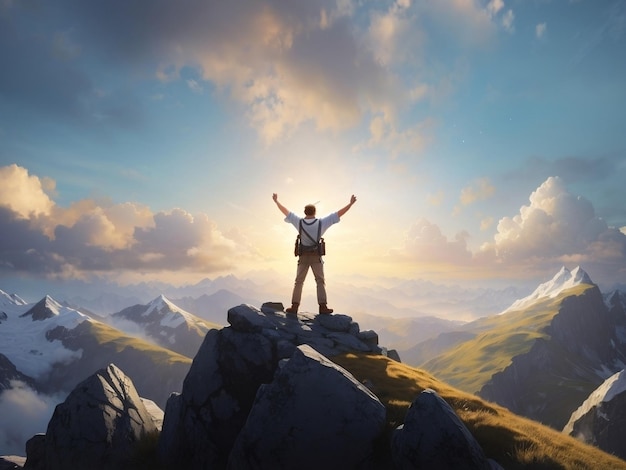 Un excursionista celebrando el éxito en la cima de la montaña.