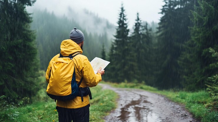 Un excursionista chequeando el mapa en un sendero de bosque lleno de niebla