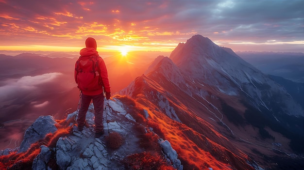 El excursionista de la cima de la montaña en chaqueta roja