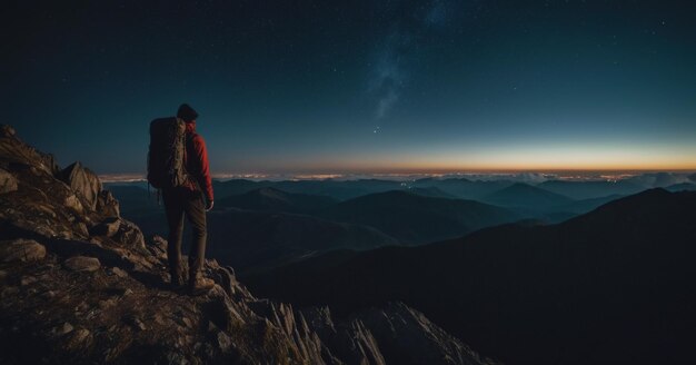 Un excursionista en la cima de una montaña por la noche