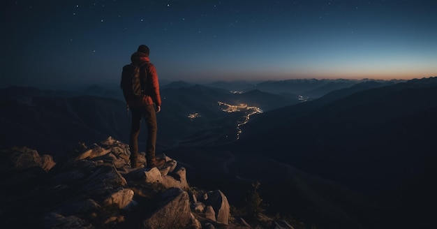 Un excursionista en la cima de una montaña por la noche