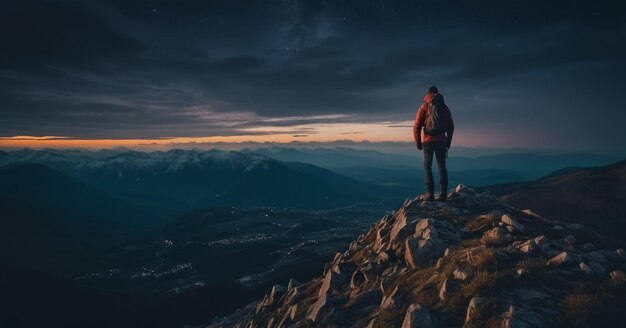 Un excursionista en la cima de una montaña por la noche