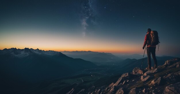 Un excursionista en la cima de una montaña por la noche