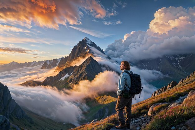 Un excursionista en una cresta de montaña