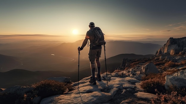 Un excursionista se encuentra en la cima de una montaña con una puesta de sol en el fondo.