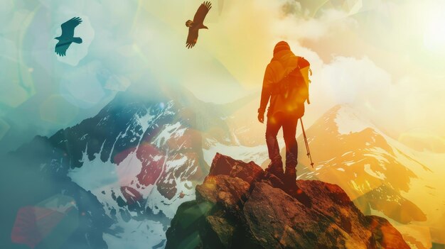 Un excursionista está de pie en un pico rocoso con vistas a majestuosas montañas y un cielo vibrante y colorido con pájaros