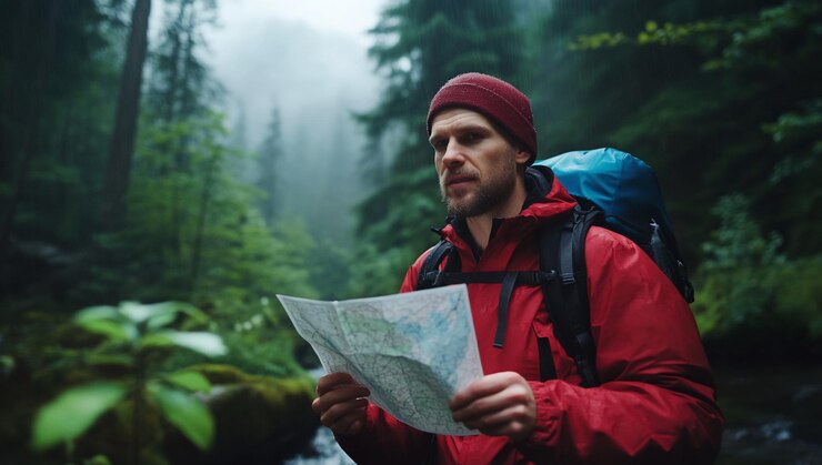 El excursionista estudia el mapa en el bosque brumoso