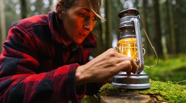 Excursionista femenina mirando una lámpara de queroseno o una lámpara de aceite en el bosque auténtico primer plano Imagen del concepto de viaje