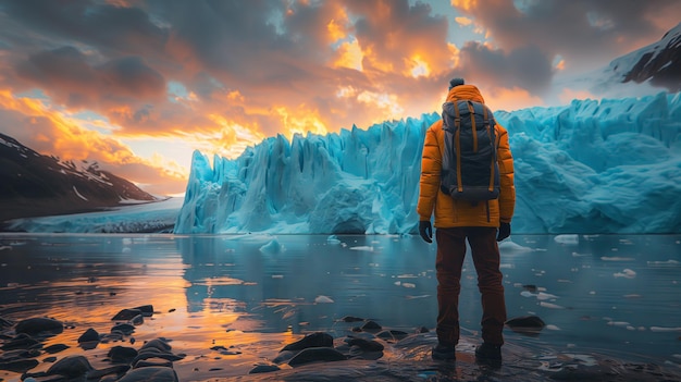 Un excursionista frente a la belleza glacial bajo una puesta de sol vibrante