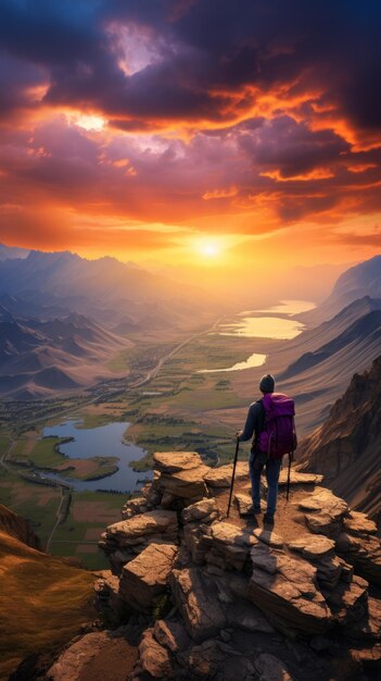 El excursionista llega a la cima de una montaña y mira el hermoso paisaje de abajo