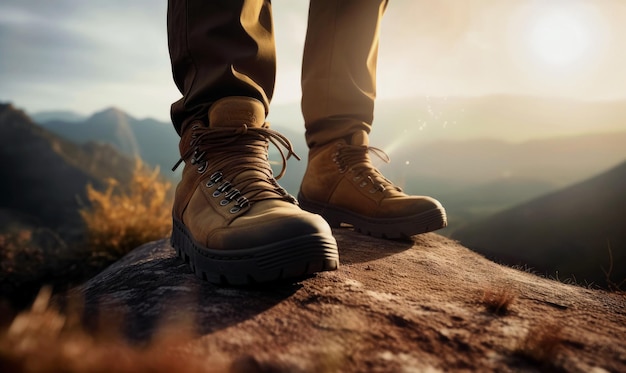 Excursionista masculino con botas militares marrones con cordones El turista se para en la roca al atardecer Cerrar la IA generativa