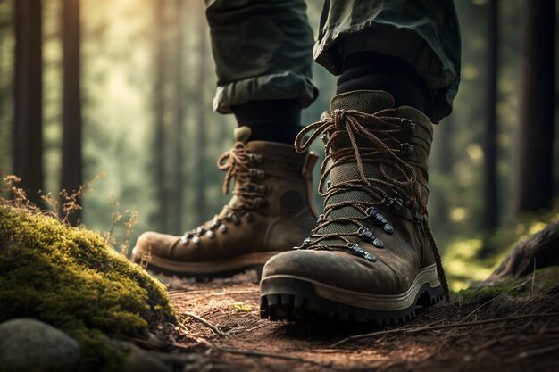 Excursionista masculino caminando y escalando en un bosque con el primer plano de botas de montaña desde la vista frontal en un clima soleado IA generativa