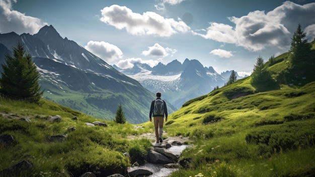 El excursionista masculino con el cuerpo completo visto desde atrás caminando por un sendero en los Alpes