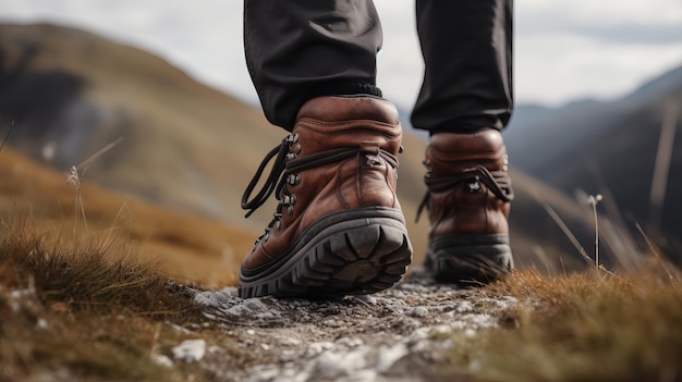 Excursionista masculino explorando sendero de montaña con primer plano de botas de cuero