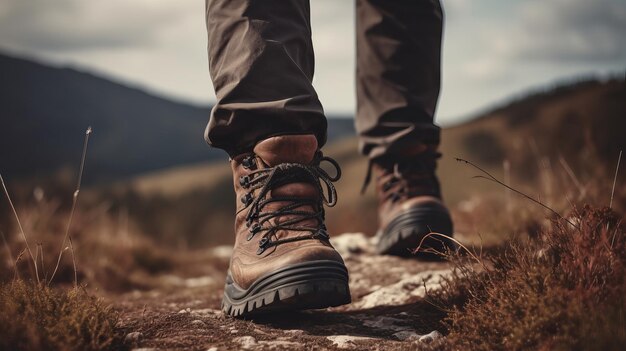 Excursionista masculino explorando sendero de montaña con primer plano de botas de cuero