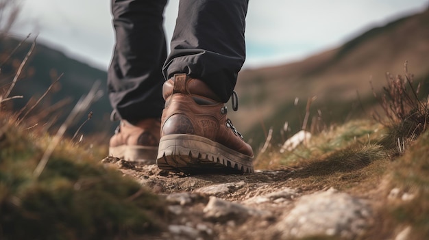 Excursionista masculino explorando sendero de montaña con primer plano de botas de cuero