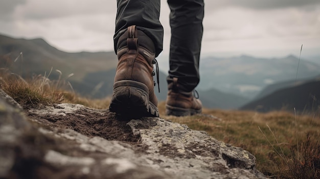 Excursionista masculino explorando sendero de montaña con primer plano de botas de cuero