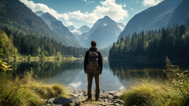El excursionista masculino de pie en la parte delantera de un lago de vuelta a la cámara mirando el hermoso paisaje