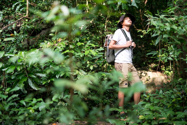 Foto un excursionista masculino senderismo en el bosque