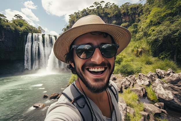 Un excursionista masculino tomando una selfie en un paisaje increíble con una espectacular cascada Imagen creada con IA