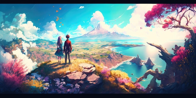 Excursionista mirando el paisaje impresionante del paisaje de montaña en estilo de dibujos animados de color de aceite dibujado a mano