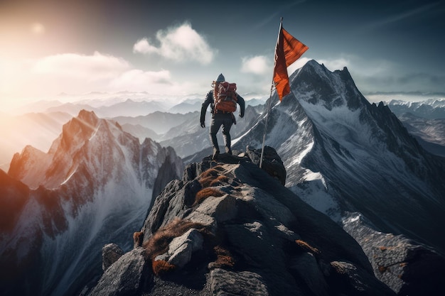 Excursionista con mochila admirando las majestuosas vistas de las montañas desde la cumbre, una inspiración para la aventura y la motivación AI Generative