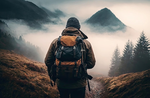 excursionista con mochila caminando por una montaña