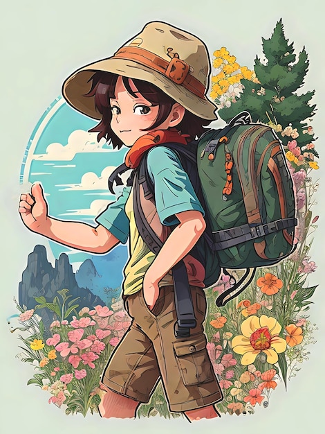 un excursionista con una mochila estilo dibujos animados