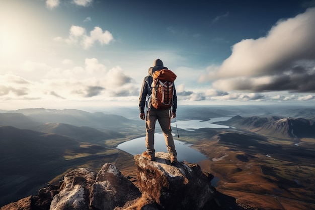 un excursionista con una mochila de pie en la cima de la montaña