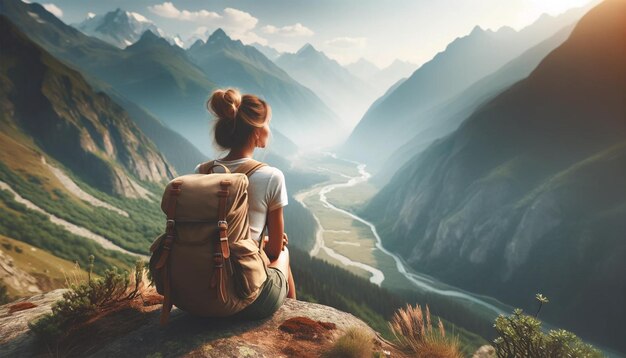 Un excursionista con una mochila relajándose en la cima de una montaña disfrutando de la vista del valle vista desde la parte de atrás