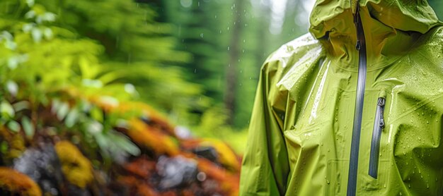 Un excursionista que se pone una chaqueta impermeable explora con confianza el aire libre mientras las gotas de lluvia bailan resaltando la efectividad de la chaqueta en condiciones húmedas.