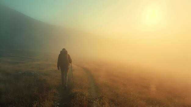 Foto un excursionista solitario hace su camino a través del sendero de la montaña brumosa su figura ligeramente discernible en el